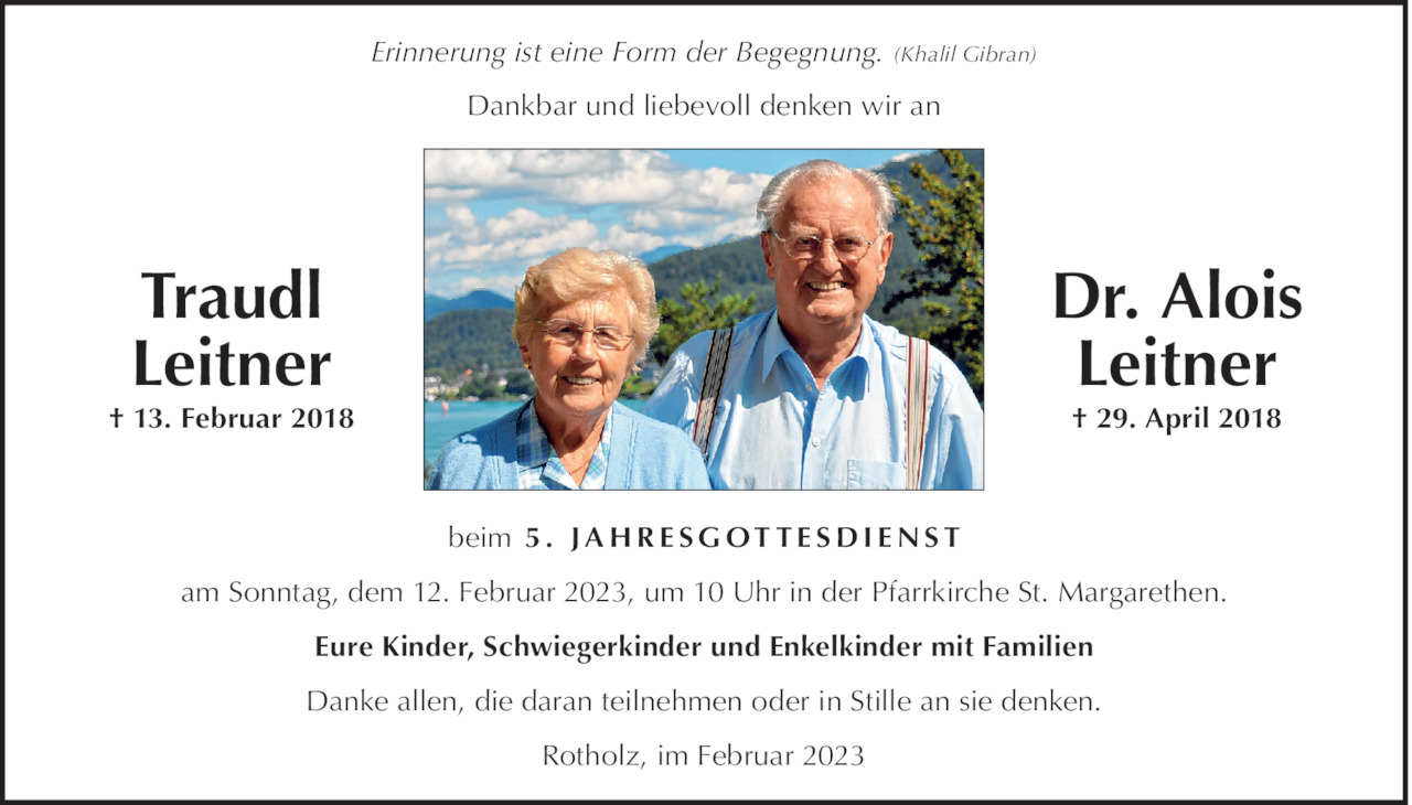 Jahrestag Von Traudl Und Dr Alois Leitner Vom 12 02 2023 Tiroler