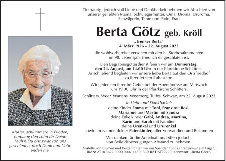 Traueranzeige von Berta Götz vom 22 08 2023 Tiroler Tageszeitung