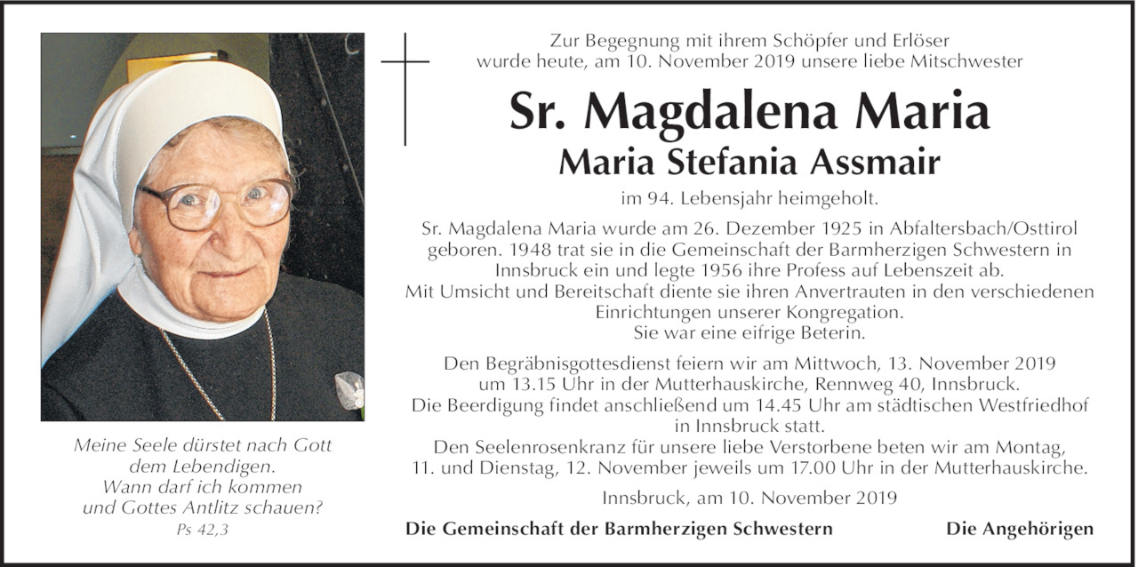 Sr. Magdalena Maria - Maria Stefania Assmair Bild