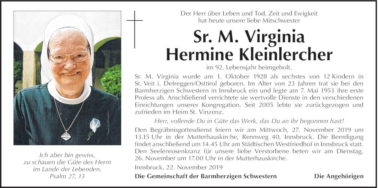 Sr. M. Virginia - Hermine  Kleinlercher Bild