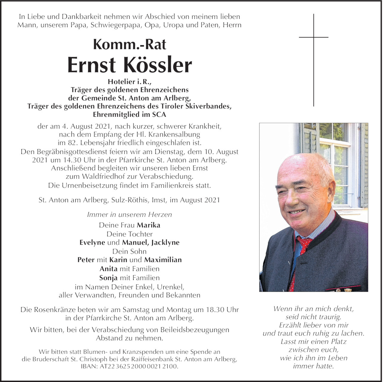 Traueranzeige von Ernst Kössler vom 04.08.2021 Tiroler Tageszeitung