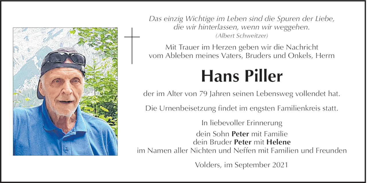 Traueranzeige von HansJörg Piller vom 08.09.2021 Tiroler Tageszeitung
