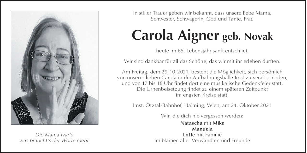 Traueranzeige von Carola Aigner vom 27.10.2021 Tiroler Tageszeitung