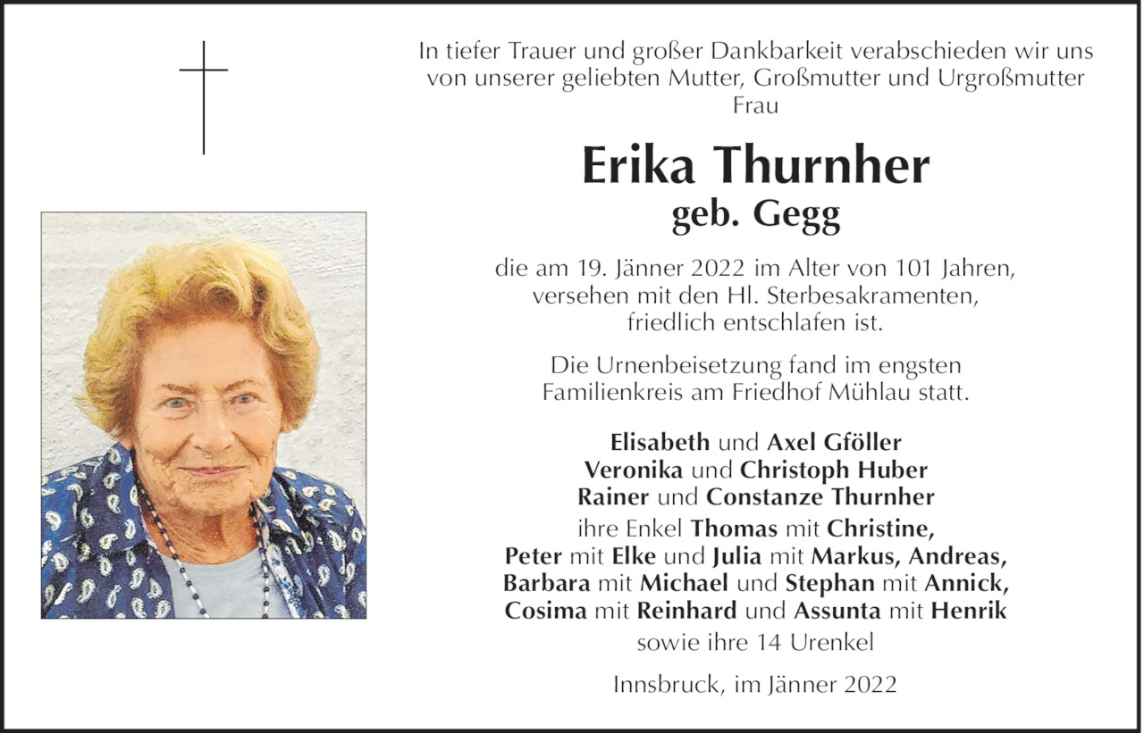 Traueranzeige von Erika Thurnher vom 19.01.2022 | Tiroler Tageszeitung