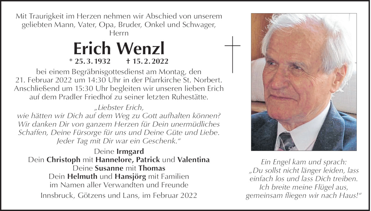 Traueranzeige von Erich Wenzl vom 15.02.2022 Tiroler Tageszeitung