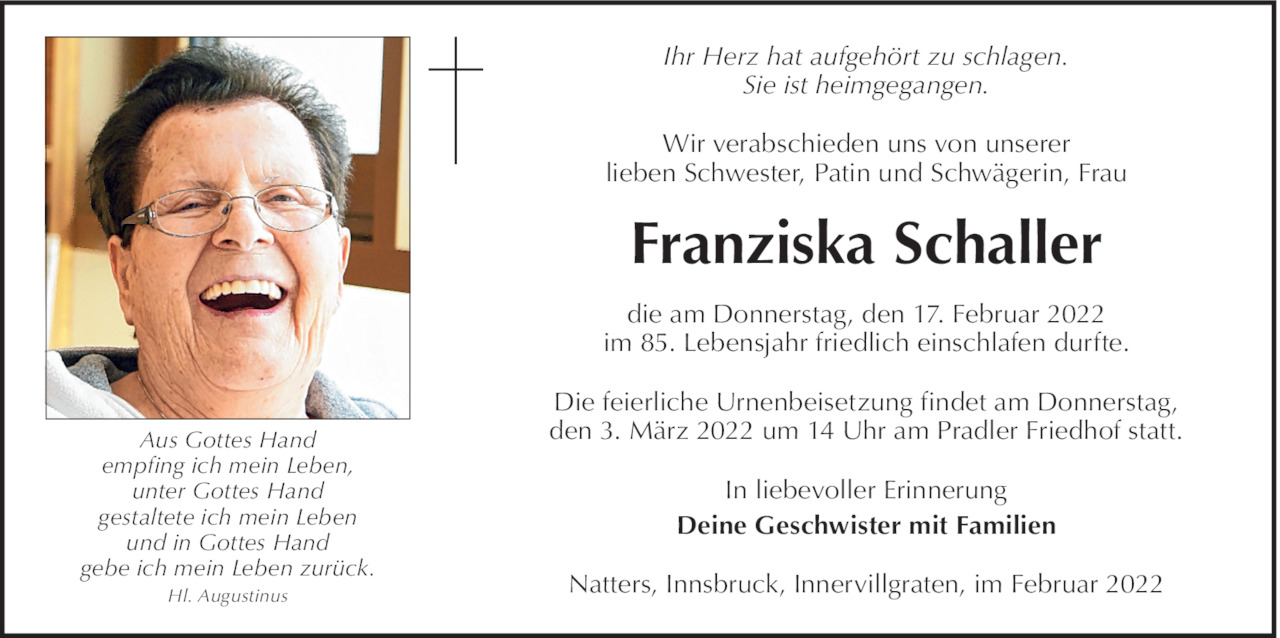 Traueranzeige von Franziska Schaller vom 17.02.2022 | Tiroler Tageszeitung