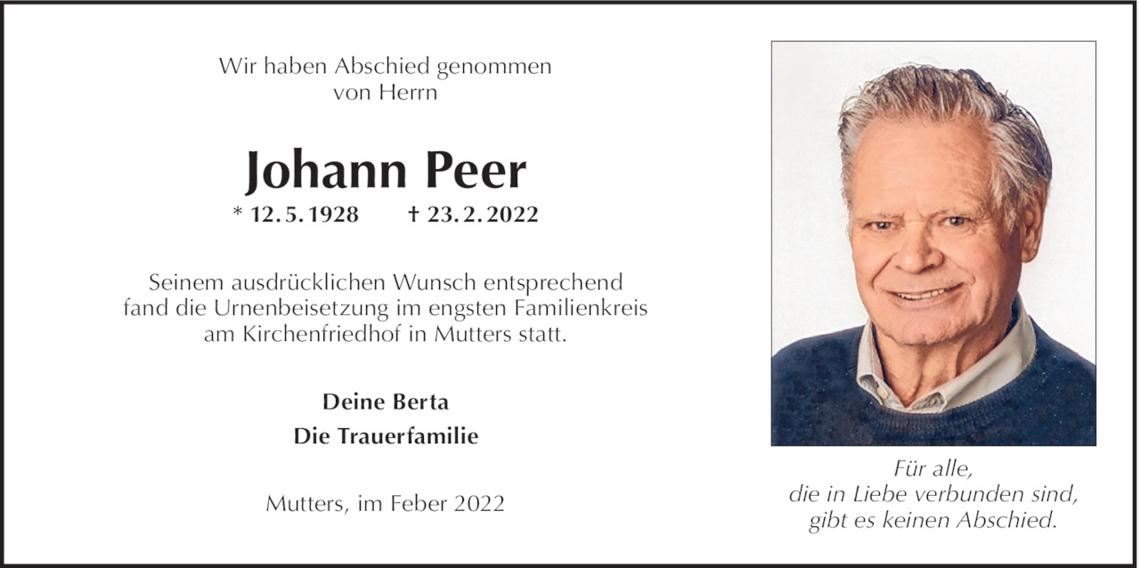 Traueranzeige von Johann Peer vom 03.03.2022 Tiroler Tageszeitung