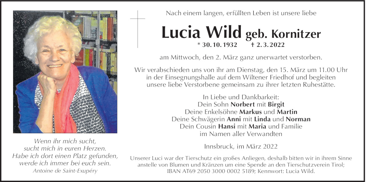 Traueranzeige von Lucia Wild vom 02.03.2022 | Tiroler Tageszeitung