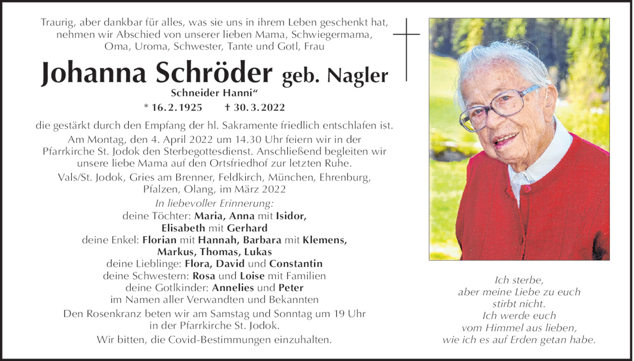 Traueranzeige von Johanna Schröder vom 30.03.2022 Tiroler Tageszeitung