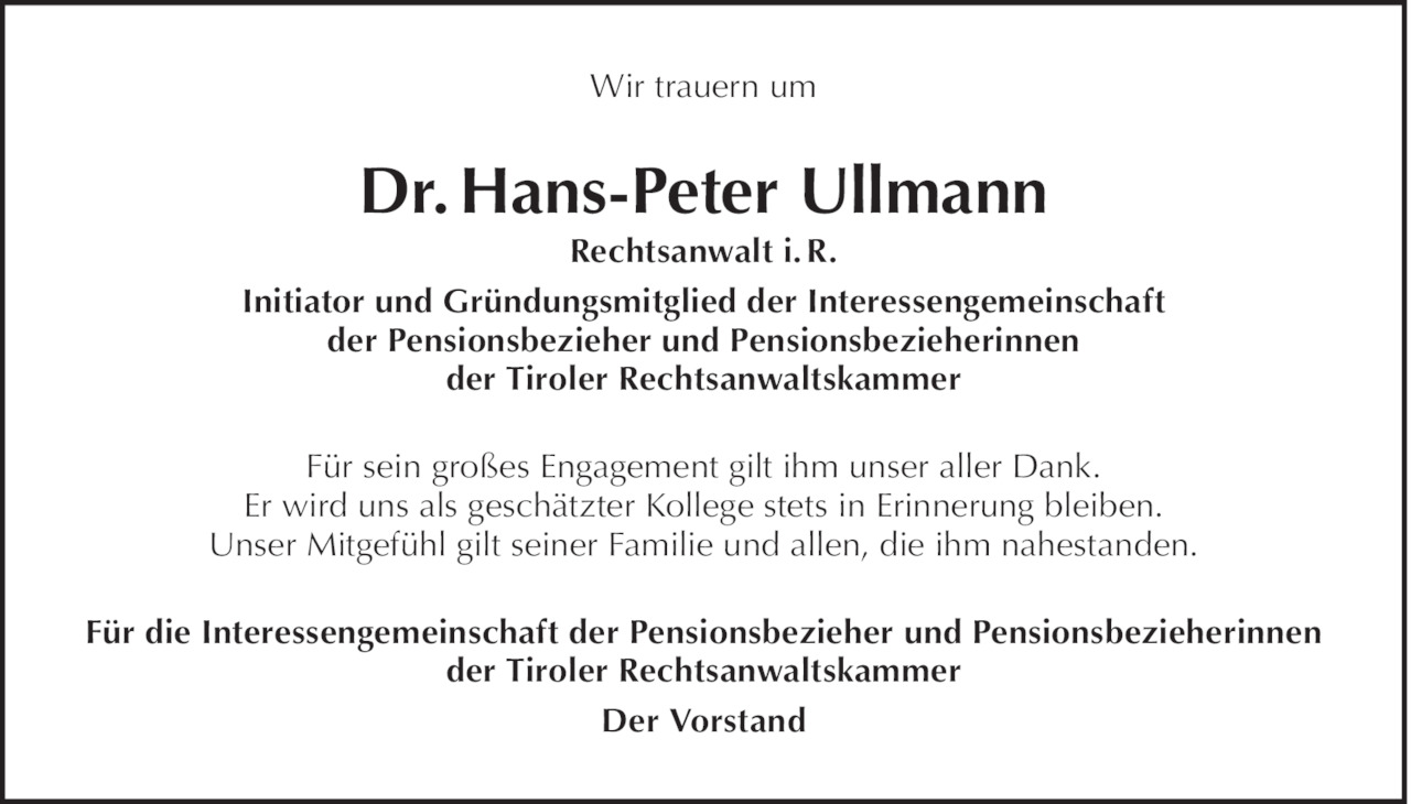 Traueranzeige von HansPeter Ullmann vom 22.06.2022 Tiroler Tageszeitung