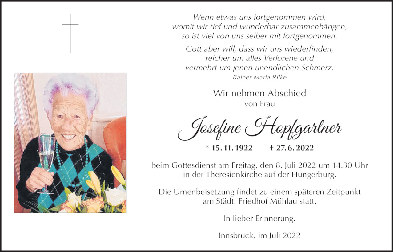 Traueranzeige von Josefine Hopfgartner vom 27.06.2022 Tiroler