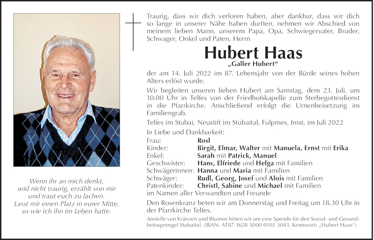 Traueranzeige von Hubert Haas vom 14.07.2022 Tiroler Tageszeitung