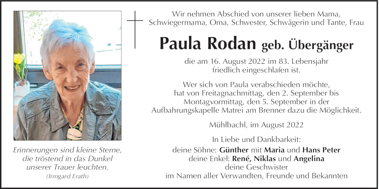 Traueranzeige von Paula Rodan vom 16.08.2022 Tiroler Tageszeitung