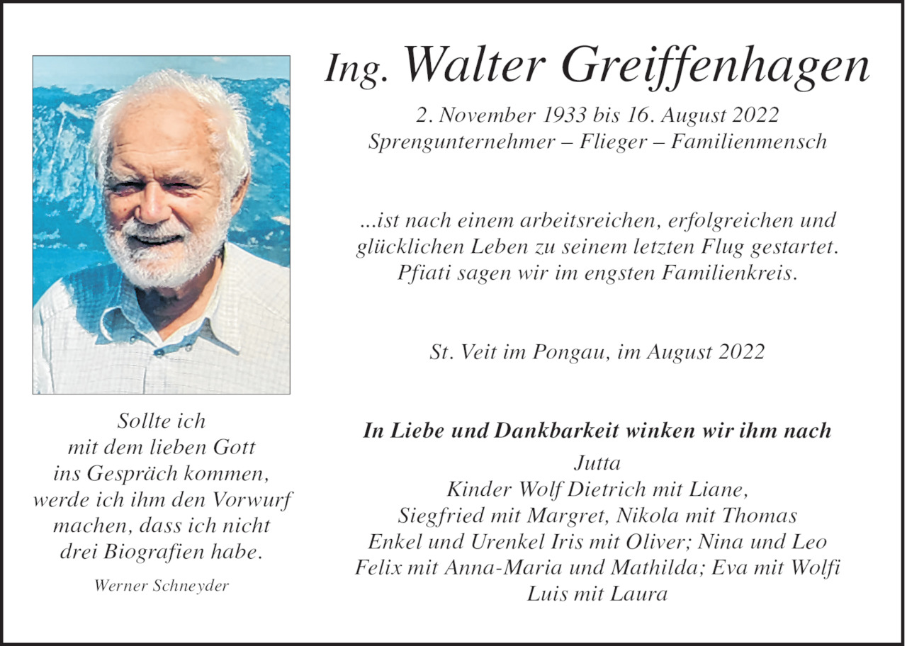 Traueranzeige von Walter Greiffenhagen vom 16.08.2022 | Tiroler ...