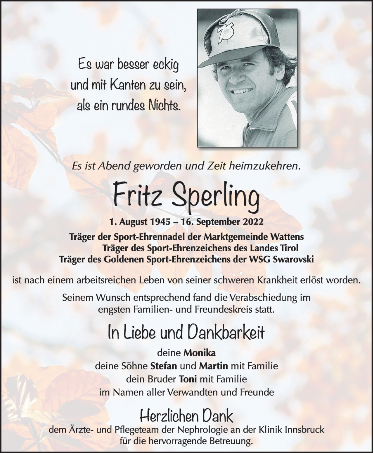 Traueranzeige von Fritz Sperling vom 24.09.2022 Tiroler Tageszeitung