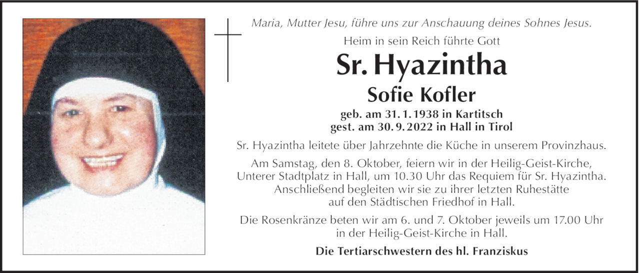 Sr. Hyazintha - Sofie Kofler Bild