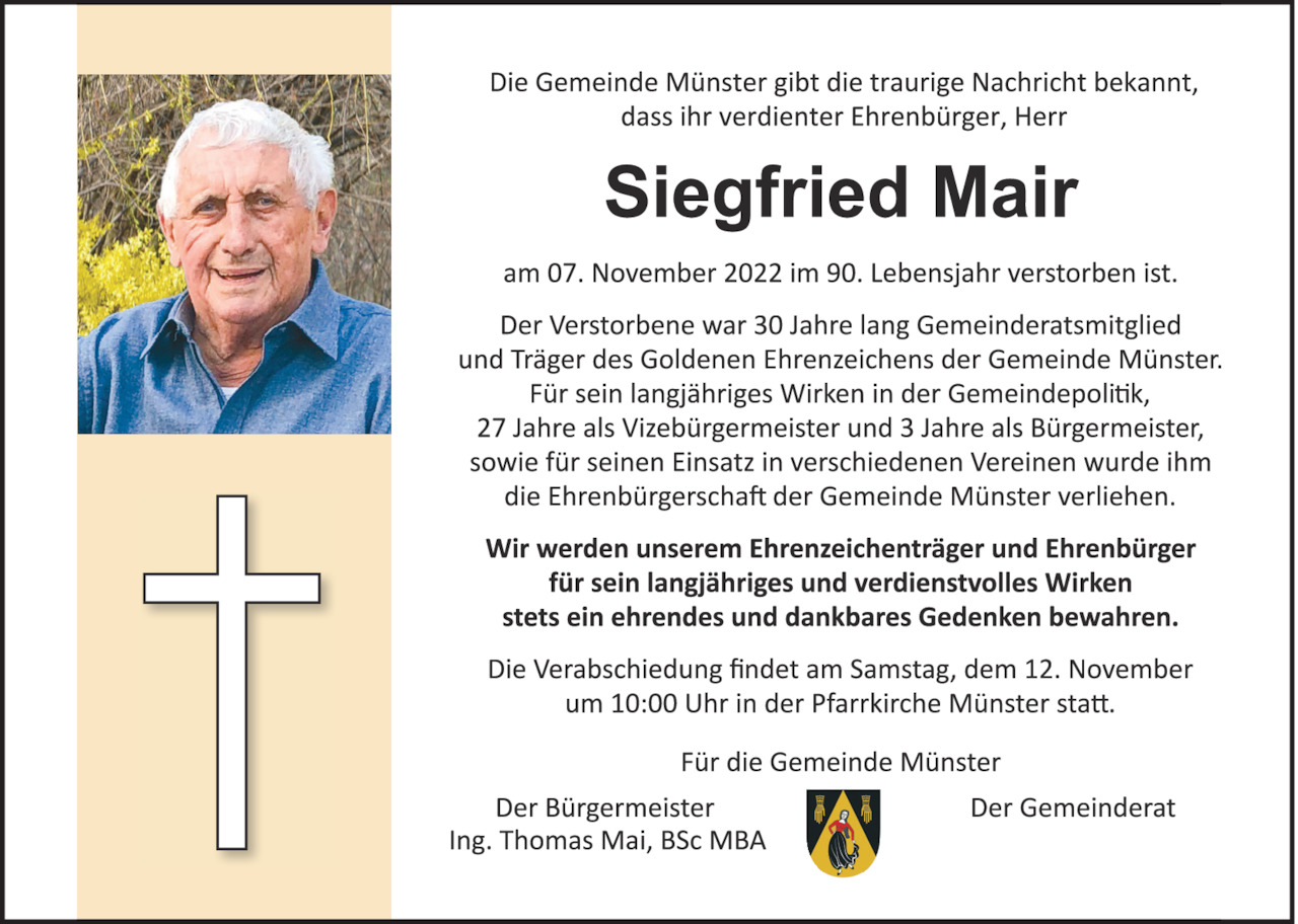 Traueranzeige von Siegfried Mair vom 07.11.2022 Tiroler Tageszeitung