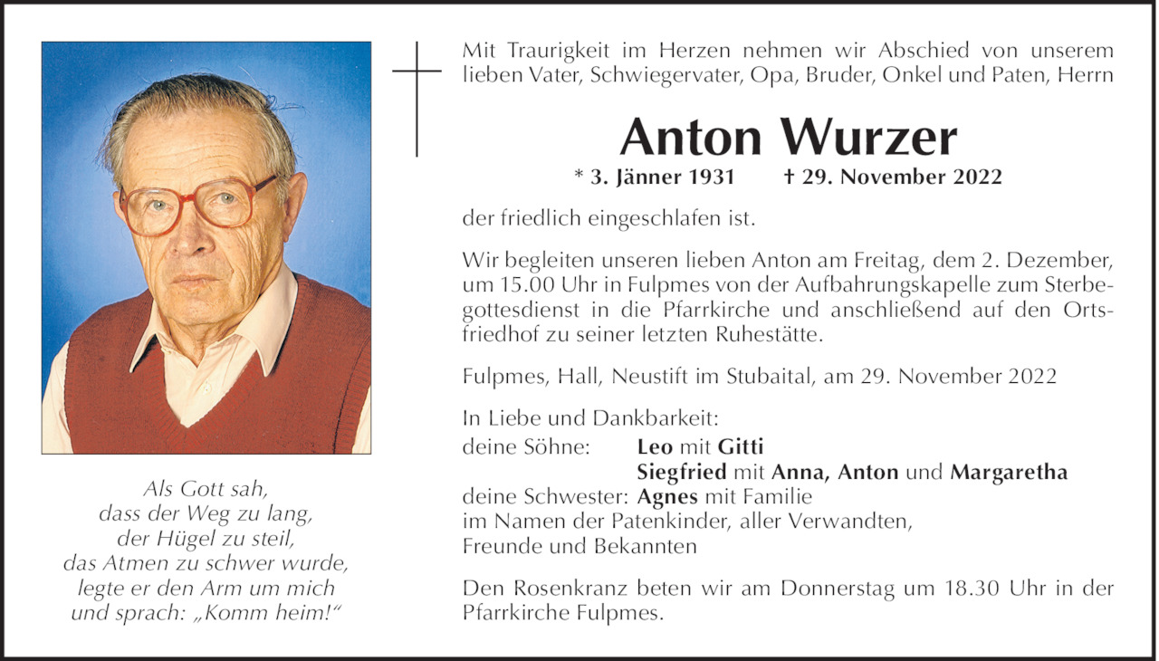 Traueranzeige von Anton Wurzer vom 29.11.2022 Tiroler Tageszeitung