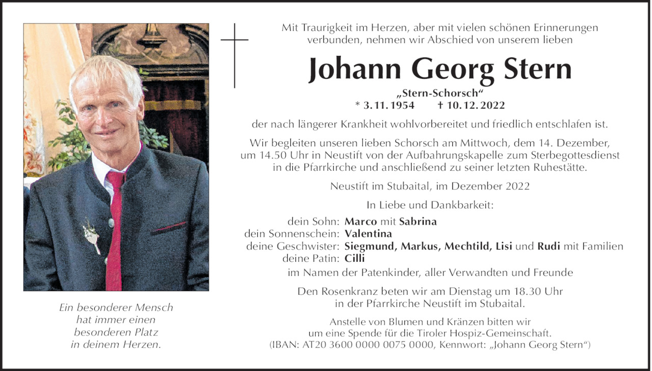 Traueranzeige von Johann Stern vom 12.12.2022 Tiroler Tageszeitung