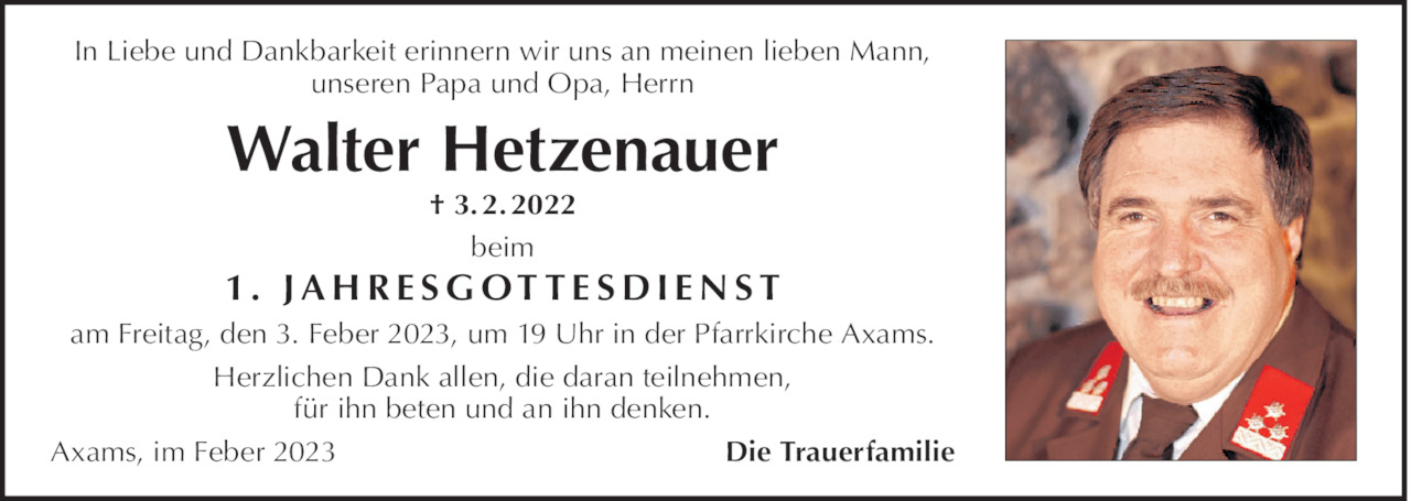 Jahrestag von Walter Hetzenauer vom 03.02.2022 Tiroler Tageszeitung