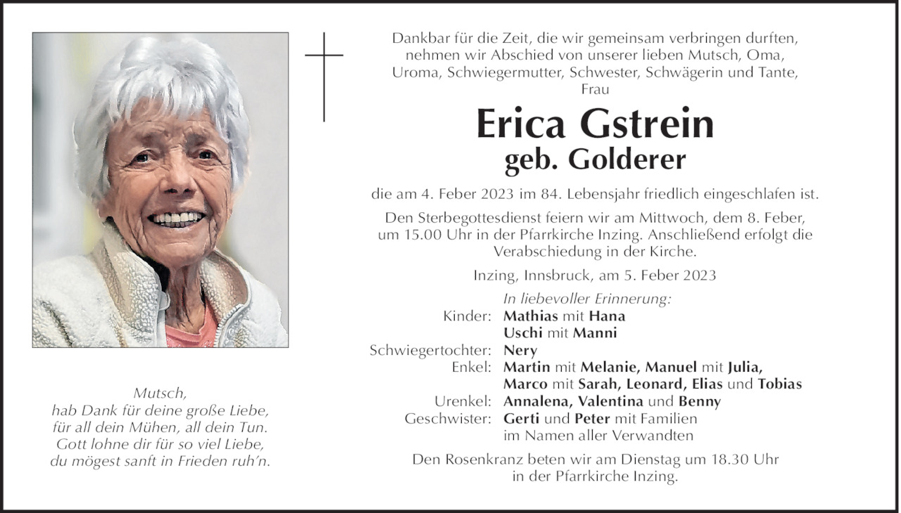 Traueranzeige von Erica Gstrein vom 04.02.2023 | Tiroler Tageszeitung