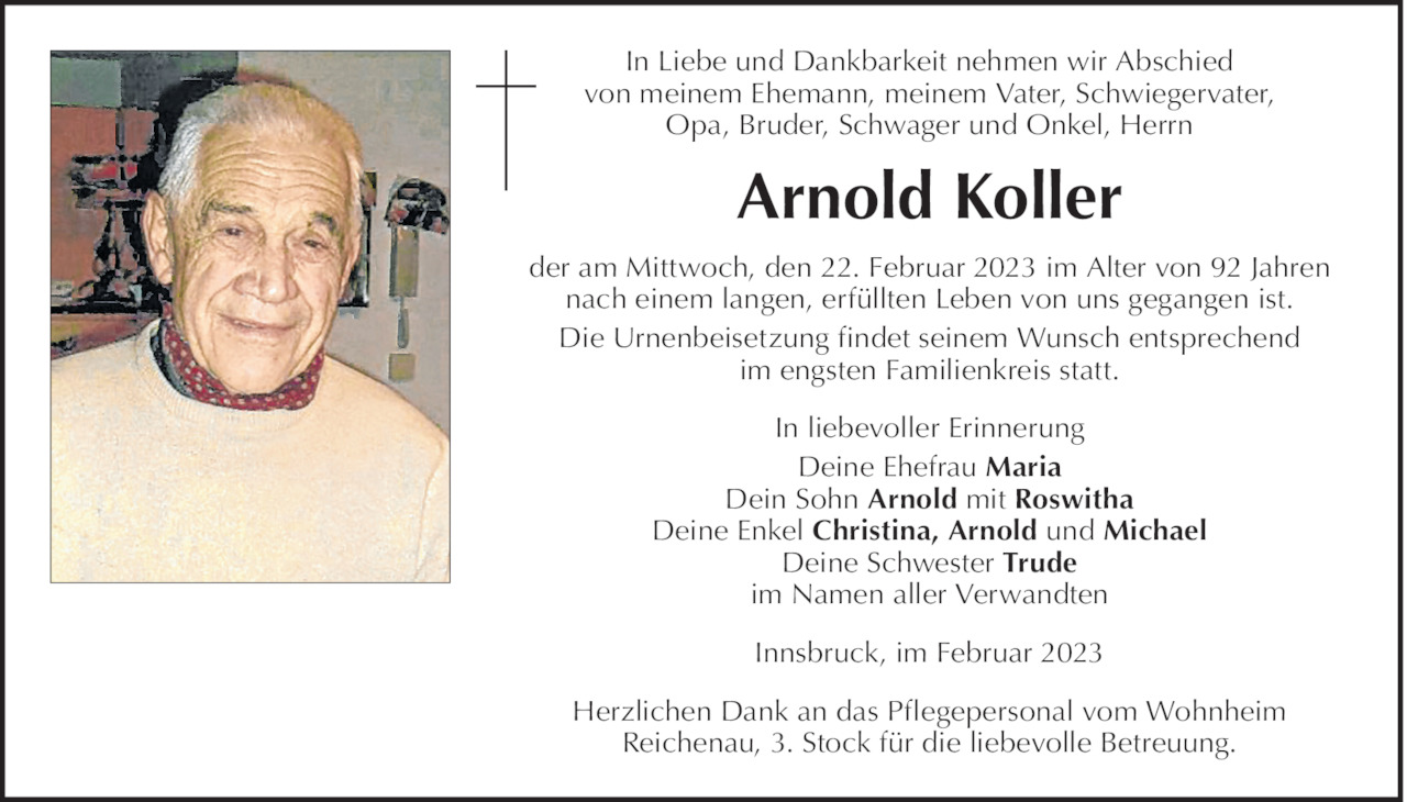 Traueranzeige von Arnold Koller vom 22.02.2023 Tiroler Tageszeitung