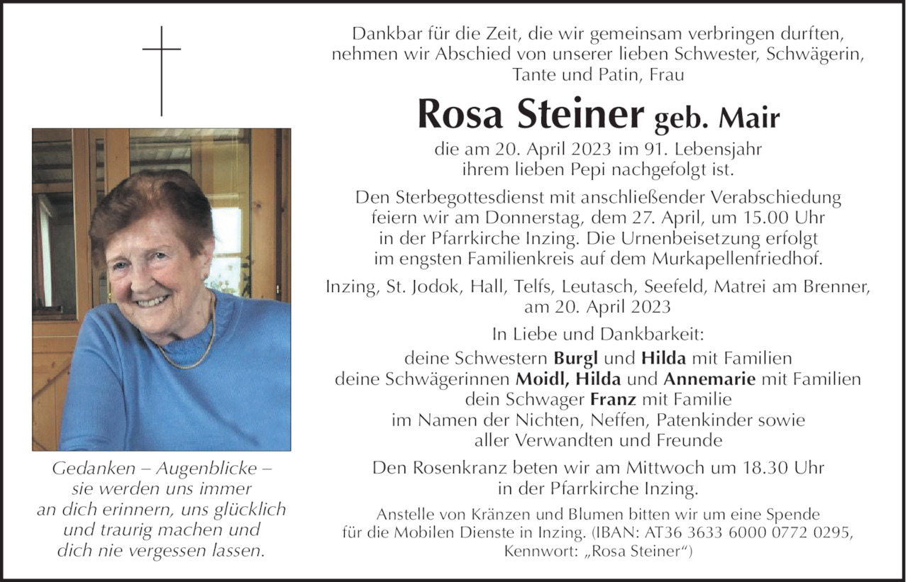 Traueranzeige von Rosa Steiner vom 20.04.2023 | Tiroler Tageszeitung