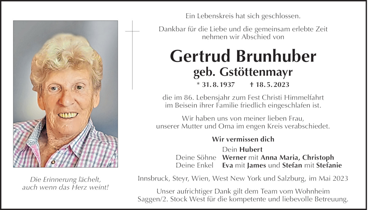 Traueranzeige Von Gertrud Brunhuber Vom 18.05.2023 | Tiroler Tageszeitung