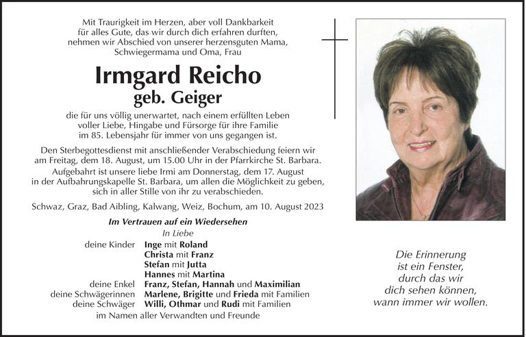 Traueranzeige von Irmgard Reicho vom 14.08.2023 | Tiroler Tageszeitung