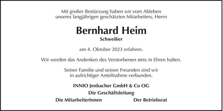 Traueranzeige von Bernhard Heim vom 04.10.2023 Tiroler Tageszeitung