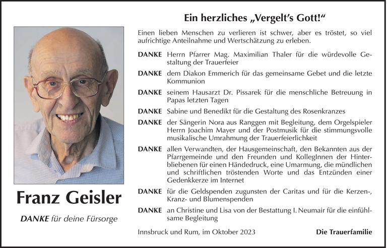 Danksagung von Franz Geisler vom 14.10.2023 Tiroler Tageszeitung