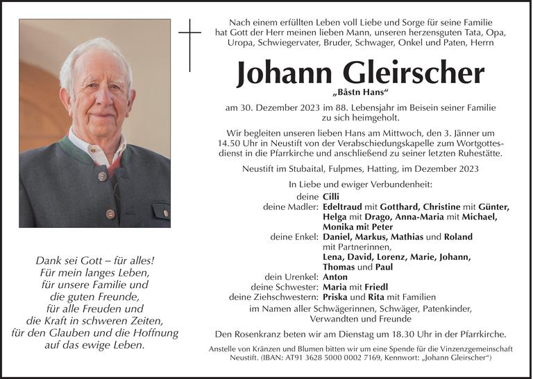 Traueranzeige von Johann Gleirscher vom 30.12.2023 Tiroler Tageszeitung