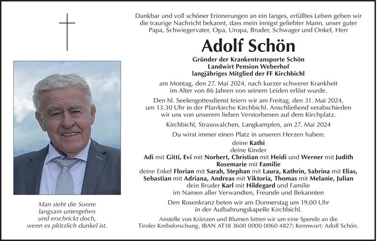 Traueranzeige von Adolf Schön vom 27.05.2024 Tiroler Tageszeitung