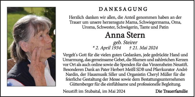 Danksagung von Anna Stern vom 21.05.2024 | Tiroler Tageszeitung